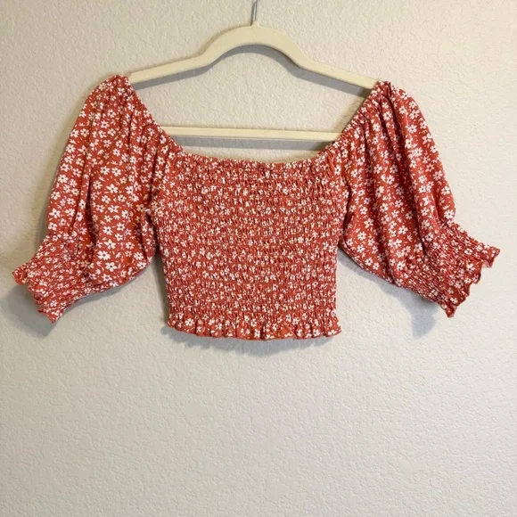 Billabong Orange Smocked Floral Crop Top Tube Top - S - Picture 2 of 11